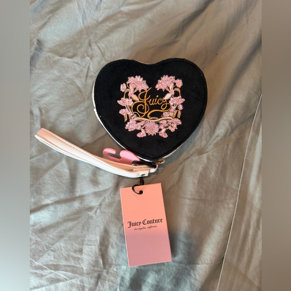 Juicy Couture Black Heart Zip Up Wrislet with Pink Floral Embroidered Logo - Picture 3 of 5
